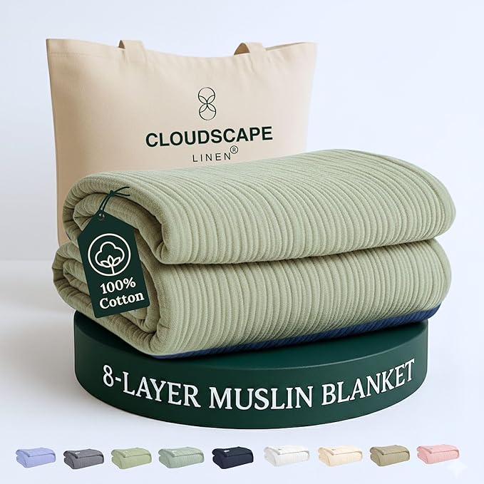 Cloud Scape Linen 8-Layer Muslin Blanket Queen Size - 100% Cotton, Soft and Breathable, Oversized Winter Blanket, Fits up to Full Size Bed, 92x92, Sage Green