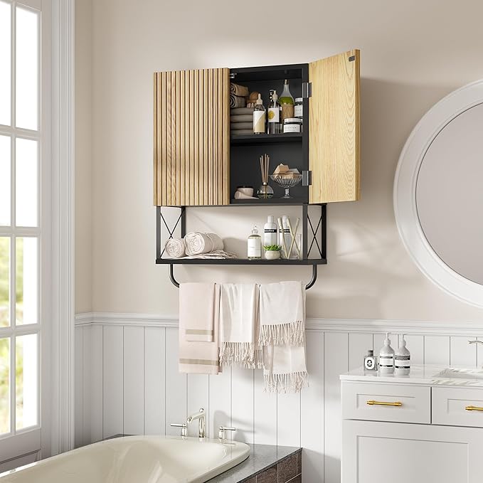 Bathroom Wall Medicine Cabinet, Fluted Hanging Wall Mounted Cabinet with Towel Bar, Above Toilet Storage Cabinet for Bathroom Organizers and Storage, Medium Size, Black