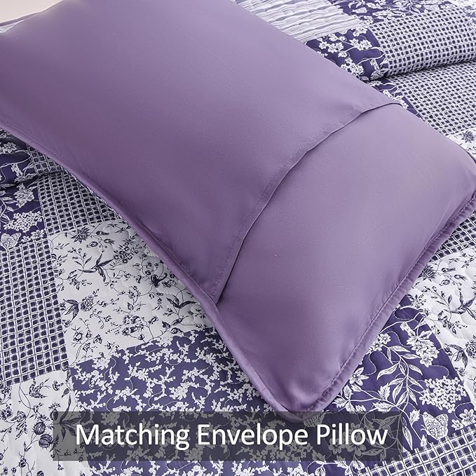 Mybedsoul Purple Quilt Set King Size Quilt Bedding Set Brown Plaid,3 Pieces Floral Patchwork Reversible Bedspread Coverlet Set for All Season,Soft Microfiber Bedding Set King 90"x104"