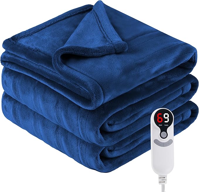 Electric Heated Blanket Throw Size 50" x 60", Super Cozy Soft Warmth with 6 Heat Levels & 3 Hours Auto Off, Home Office Use, Navy Blue