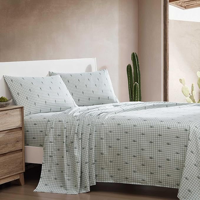 Wrangler - Queen Bed Sheets, Ultra-Soft & Lightweight Bedding with Matching Pillowcases, Lightweight Bed Set for All Season Comfort, Oeko-Tex Certified (Cactus Gingham Green)