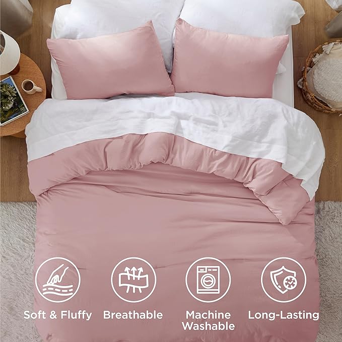 Bedsure California King Size Comforter Set, Pink Soft Prewashed Bedding for All Seasons, 3 Pieces GentleSoft™ Down Alternative Bed Set, 1 Lightweight Comforter (104"x96") and 2 Pillowcases (20"x36")