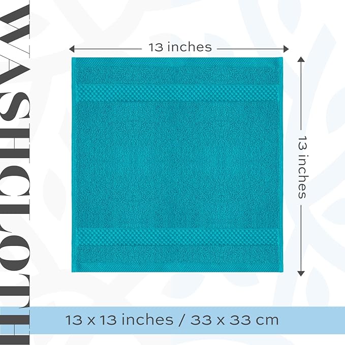 White Classic Luxury Cotton Washcloths 13x13 Inch - 650 GSM Turkish Cotton | Hotel, Spa, Bathroom Face Towel | 12 Pack, Aqua