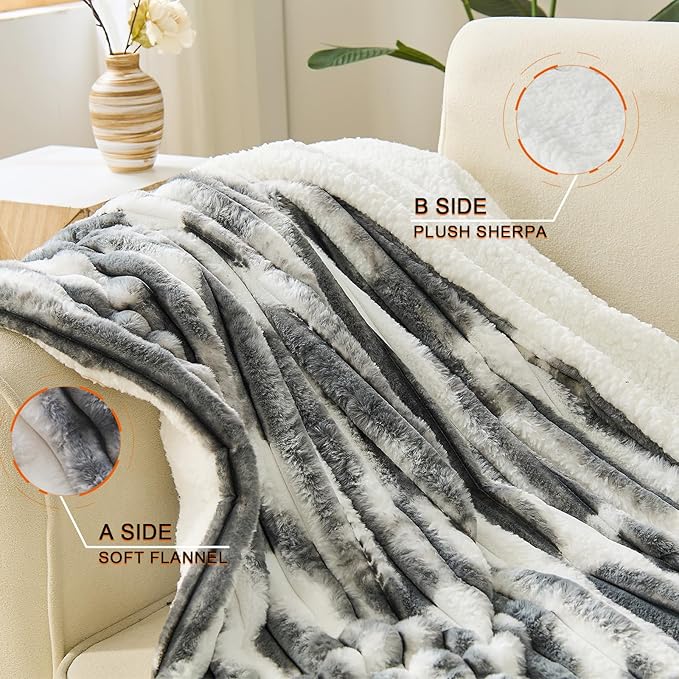 Heated Blanket Throw - 50"x60" Fast Heating Bed Electric Blankets Throw with 6 Heating Levels & 4 Hours Auto Off, Soft Ribbed Faux Fur Sherpa, Over-Heated Protection ETL, Dark Gray