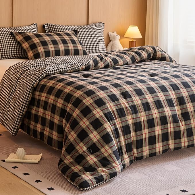 100% Cotton Comforter Set Queen Size – Reversible Yarn-Dyed Checkered Design, Soft Washed Cotton on Both Sides, Lightweight All-Season Bedding, Machine Washable(Black Red Plaid, 90”x90”)
