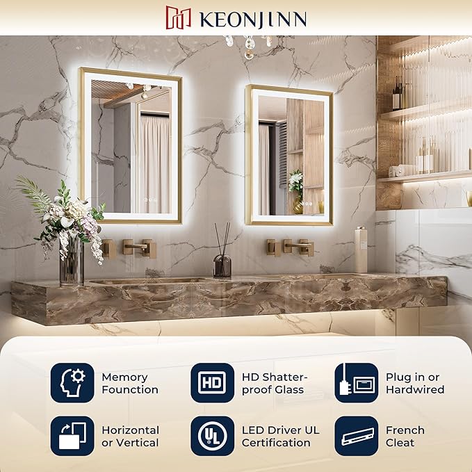 Keonjinn Gold LED Bathroom Mirror 48 x 30 Inch, Frontlit & Backlit Mirror with Metal Framed,Vanity Mirror with Stepless 3 Colors Lights, Anti Fog, UL-Listed LED Driver, HD Tempered Glass