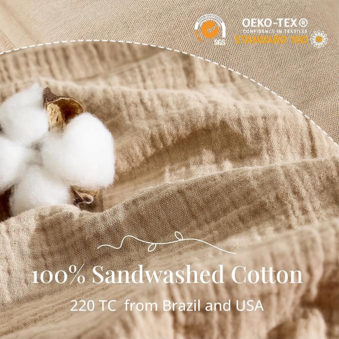 100% Sandwashed Cotton Twin Duvet Cover, Soft Twin Size Duvet Cover Set 3 Pieces with Zipper Clousre & Corner Buttons (Linen, Twin 69 x 90)