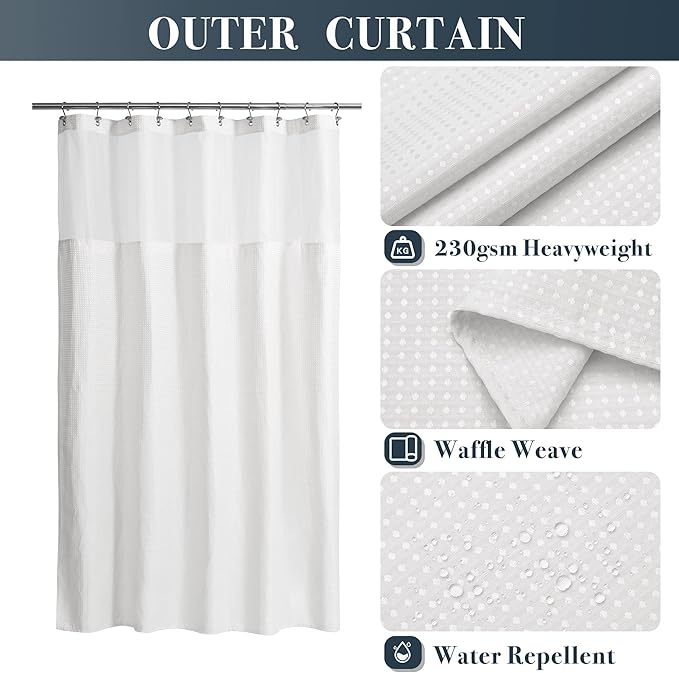 N&Y HOME 54 Inch Waffle Weave Shower Curtain with Snap-in Fabric Liner & 12 Metal Hooks Set - 54" x 72" Shower Stall Size, Hotel Style & Mesh Top Window, Machine Washable - White, 54x72