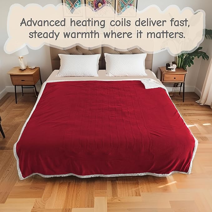 Electric Heated Blanket Queen Size 84"x90", Soft Flannel with Dual Controllers & Overheat Protection, 6 Adjustable Heat Settings & 10-Hour Auto-Off Timer, Fast Heating for Winter Comfort, Red