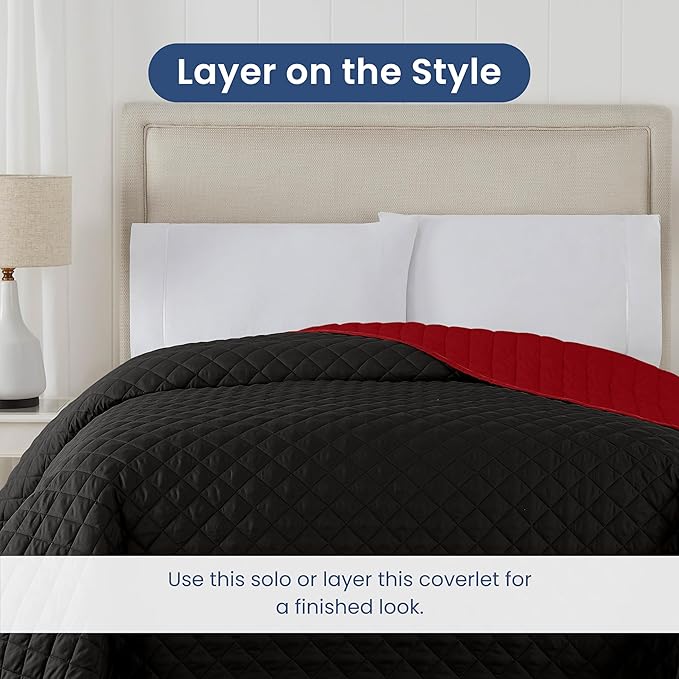 Martex Reversible Coverlet – Full Queen Size Quilt - Lightweight Full Size Bedding– Durable Queen Size Quilts for Bed – Soft - Easy Care Bedding – Ebony/Red
