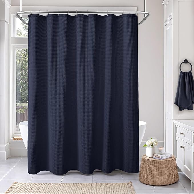 Waffle Weave Shower Curtain - Navy Blue Cotton Fabric Texture Heavyweight Shower Curtain for Bathroom,Washable,72Wx75L