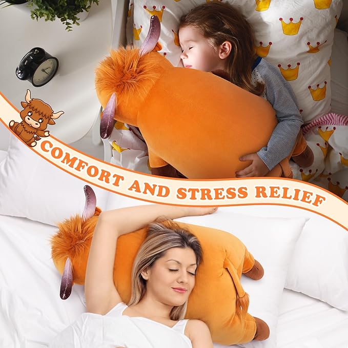 Auspicious beginning 30'' Giant Highland Cow Plush Stuffed Animal-Cute Highland Co Plush Body Pillow Plushies, Large Sleeping Soft Stuffed Animal Big Plushie Toy, Birthday Gifts for Kids Girls Boys