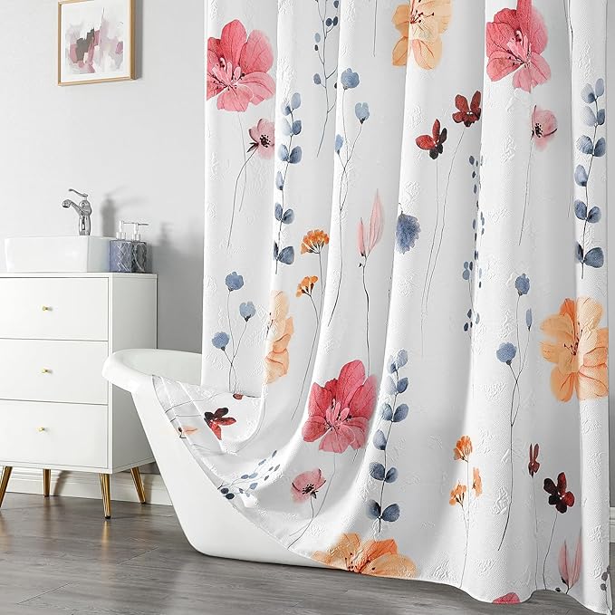 QiyI Small Stall Shower Curtain 36 x 72, Narrow Half Watercolor Floral Bath Curtains, 3D Embossed Peach Pink Flower Cloth Bathroom Curtain, Waterproof Fabric White Shower Curtain Set with Hooks