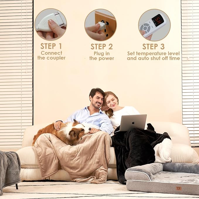 EHEYCIGA Electric Heated Blanket Throw - Sherpa & Fleece, 9 Heating Levels, Auto Off, 50 x 60 Inches, Beige