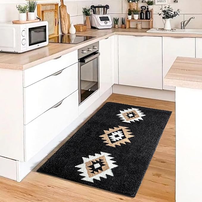 DEXDE Bathroom Rugs 24x36 Black Boho Aztec Bath Mat, Non Slip Western Geometric Bath Rugs Luxury Soft Absorbent Carpet for Bathroom Shower Kitchen Entryway Farmhouse Modern