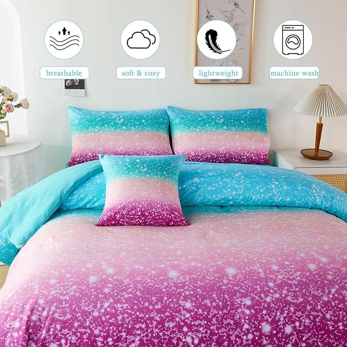 URBONUR 6Pcs Glitter Comforter Set for Girls Twin Size Gradient Tie Dye Purple Blue Bedding Set Comforter with Sheet Set, Ultra Soft and Breathable Kids Bed Set for Teen Girl