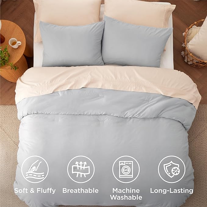 Bedsure Full Size Comforter Set, Light Grey Soft Prewashed Bedding for All Seasons, 3 Pieces GentleSoft™ Warm Down Alternative Bed Set, 1 Lightweight Comforter (82"x86") and 2 Pillowcases (20"x26")