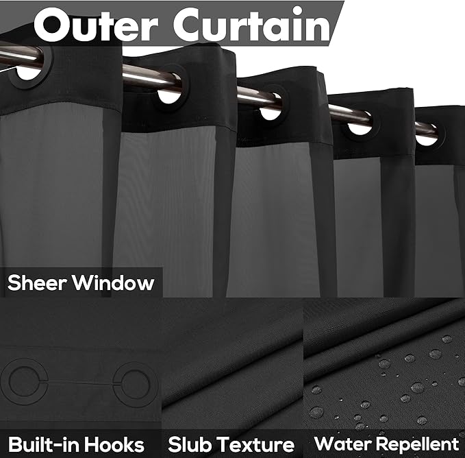 No Hook Slub Textured Shower Curtain with Snap-in PEVA Liner Set - 71" x 74"(72"), Hotel Style with See Through Top Window, Machine Washable & Water Repellent Fabric, Black, 71x74
