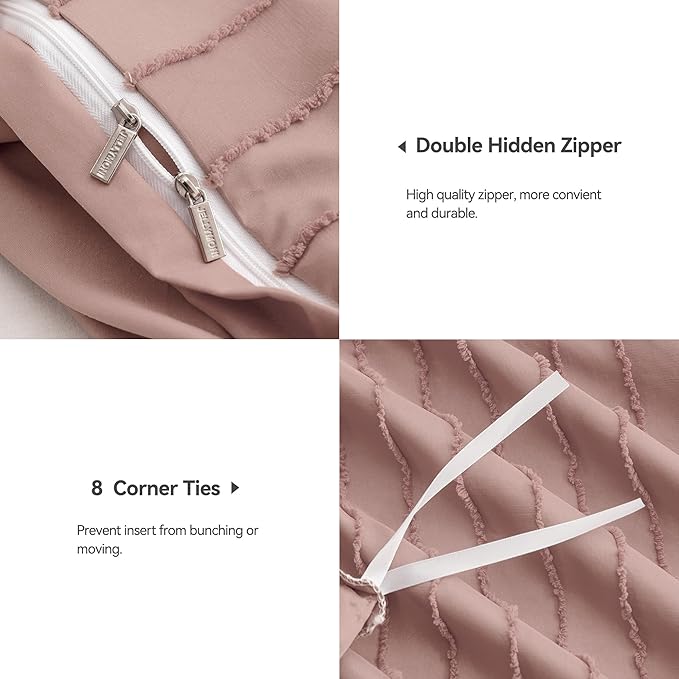 JELLYMONI Duvet Cover King Size Smokey Pink - 3PCS Boho Striped Duvet Cover Set Polyester Tufted Bohemian Textured Comforter Cover 104×90in with Corner Ties & Zipper and 2 Pillowcases