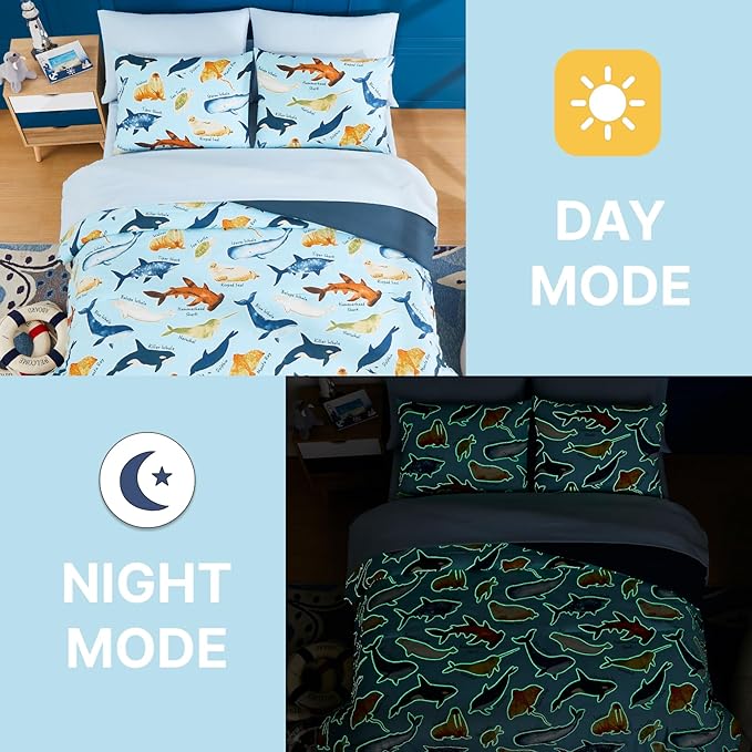 Full Size Comforter Set for Boys-7 Pieces Ocean Animals Glow in The Dark Full Bedding Sets for Kids, Ultra Soft Bed in A Bag with Sheets