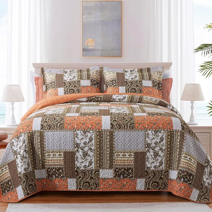 BEDIFANY Cotton California King Size Quilt for Farmhouse- Fall Patchwork Bedspread Set - Highly-Woven Soft Reversible Oversized King Size Coverlet for All Seasons (Floral Orange) 3 Pieces
