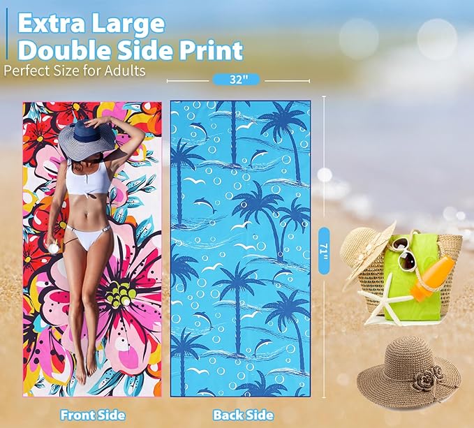 Microfiber Thin Beach Towel Lightweight 71x32 inch Oversized Extra Large Sand Free Towels Fast Dry for Travel Pool Camping Sports Beach Accessories Vacation Essential Gift