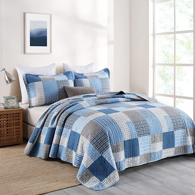 KALOOLA Plaid Quilts Queen Size, 100% Cotton Soft Bedding Set with 2 Pillow Shams, Farmhouse Lightweight Blue Grey Queen Bedspread Coverlet Set for All Season, 3 Pieces