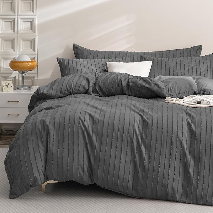 JELLYMONI Duvet Cover King Size Dark Grey - 3PCS Boho Striped Duvet Cover Set Polyester Tufted Bohemian Textured Comforter Cover 104×90in with Corner Ties & Zipper and 2 Pillowcases