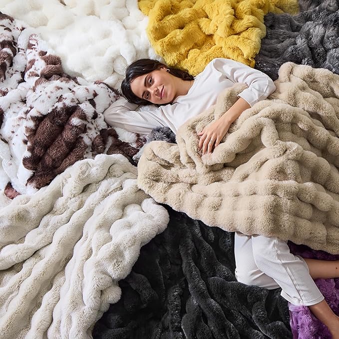 Fluffy Blanket - Soft Luxury Faux Rabbit Fur Throw - Cozy Fuzzy Plush Bubble Blanket, Warm & Decorative - Queen Size 90''x90'', Tie-Dyed Dark Grey