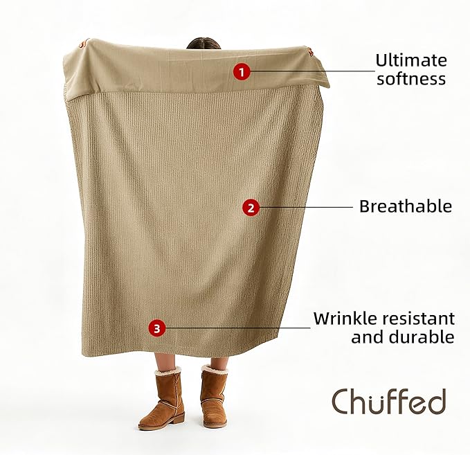 CHUFFED Cotton Waffle Blanket Throw Size - Plush Milk Velvet & Reversible Waffle Weave,Anti-Static 300Gsm Design，Thick Cozy Soft Winter Blanket for Bed, Couch, Sofa - Khaki, 50x70 Inches
