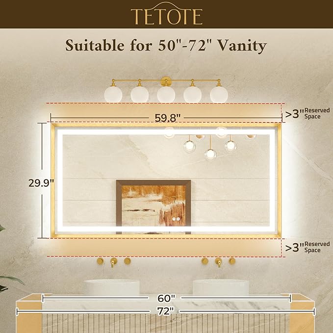 TETOTE 60 x 30 Large Bathroom Mirror Brushed Bright Nickel Metal Frame Frontlit & Backlit Vanity Mirror 3 Colors White/Warm/Natural Stepless Dimmable Anti-Fog Bathroom Mirrors for Vanity Wall-Mounted