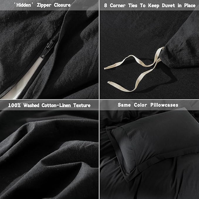 Black Duvet Cover Full Size 100% Washed Cotton Bedding Set Cover 1 Duvet Cover with Zipper Closure and 2 Pillowcases, 90inch x 80inch