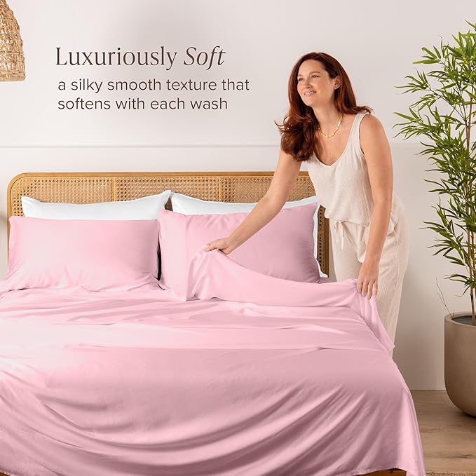Bare Home 100% Rayon Made from Bamboo Split Head Flex King Sheet Set - 4 Piece Bedding Set - Deep Pockets - Breathable - Easy Fit - Bedding Sheets & Pillowcases (Split Head Flex King, Light Pink)