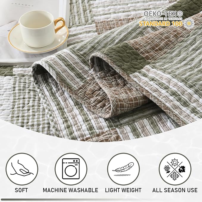 KALOOLA Plaid King Quilt Set, 100% Cotton Green Beige King Bedding Set 3 Pieces, Farmhouse Lightweight Bedspread Coverlet for All Seasons, 1 Quilt 2 Pillowshams