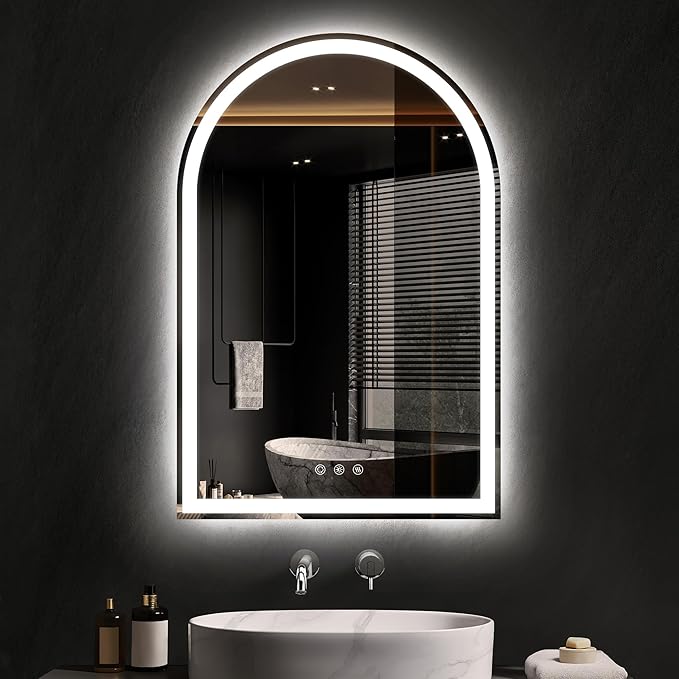 Arched LED Mirror for Bathroom 24"x36"- Frameless Lighted Bathroom Mirror with Lights, Fogless, Dimmable, 3 Color Changing, Shatterproof, Touch Sensor