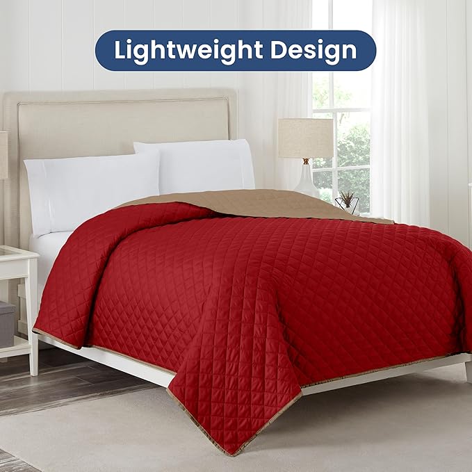 Martex Reversible Coverlet – Twin Bed Quilt – Lightweight Twin Size Bedding – Durable Quilts for Bed – Soft - Easy Care Bedding – Khaki/Red