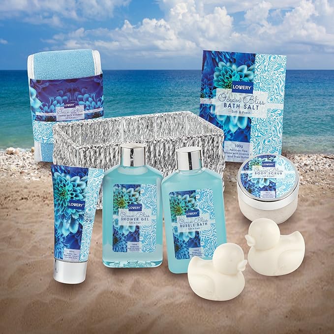 Christmas Gifts, Spa Gift Basket in Heavenly Ocean Bliss Scent-9pc Bath & Body Set-Shower Gel, BubbleBath, Bath Salt, Body Lotion & more! Great Wedding, Anniversary, Birthday, Graduation Gift forWomen