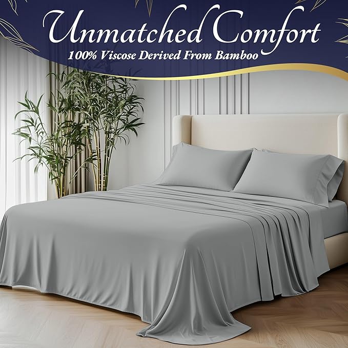 DECOLURE 100% Viscose Derived from Bamboo Sheets Cal King Size 4pcs - Ultra Soft & Luxuriously Cooling, 17" Deep Pocket,Double Stitching,Perfect for Hot Sleepers - King Bed Sheets (Light Grey)
