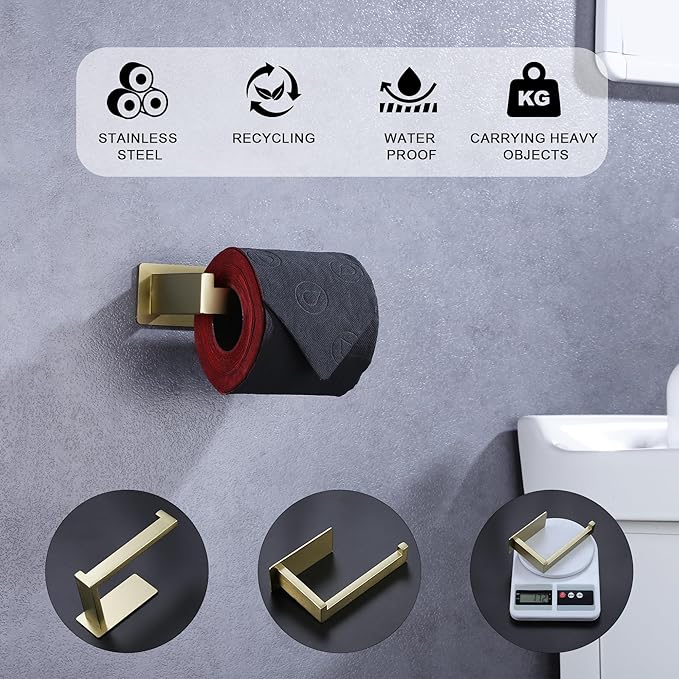 LANC Self-Adhesive Toilet Tissue Roll Holder, Brushed Gold Paper Holder Wall Mounted for Bathroom RV Stick On Toilet Tissue Holder with Drill Free Rustproof Stainless Steel, A8307BG
