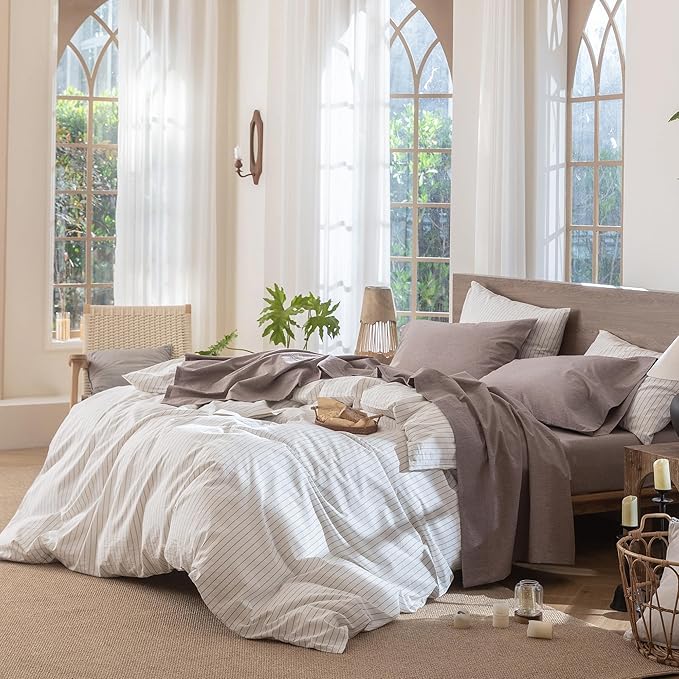 MooMee Bedding Sheet Set 100% Washed Cotton Linen Like Textured Breathable Durable Soft Comfy (Heathered Mauve Brown, Full)