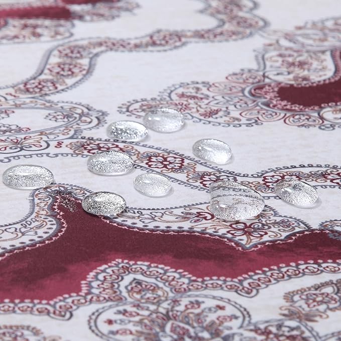 Extra Long Burgundy Shower Curtain 84 Inches, Water Repellent Fabric with Medallion Pattern, 12 Metal Grommets & Weighted Hem