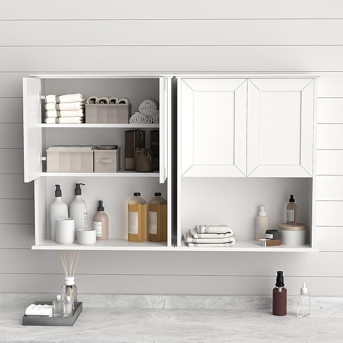Bathroom Wall Cabinet Wooden with 2 Doors,Over the Toilet Storage Cabinet,Bathroom and Laundry Wall Mount Storage Medicine Cabinet with Open and Adjustable Shelf,Easy Assembly (Style A-2 PC, White)