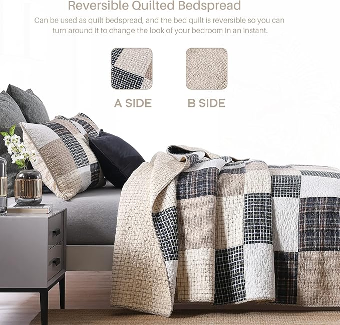 KALOOLA Patchwork King Quilt, 100% Cotton Lightweight King Size Bedspreads 3 Pieces, Tan Brown Beige King Quilt Bedding Set, Farmhouse Rustic Coverlet for All Season