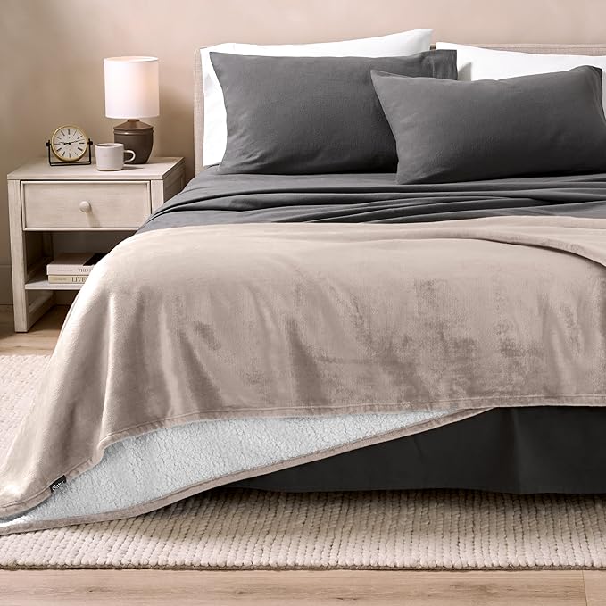 Bare Home Sherpa Fleece Blanket - Throw/Travel Size - Blanket for Bed, Sofa, and Couch - Warm & Lightweight - Fluffy & Soft - Reversible (Throw/Travel, Light Taupe)