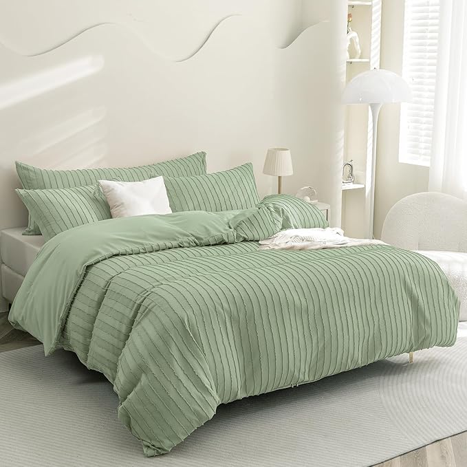 JELLYMONI Duvet Cover King Size Light Green - 3PCS Boho Striped Duvet Cover Set Polyester Tufted Bohemian Textured Comforter Cover 104×90in with Corner Ties & Zipper and 2 Pillowcases