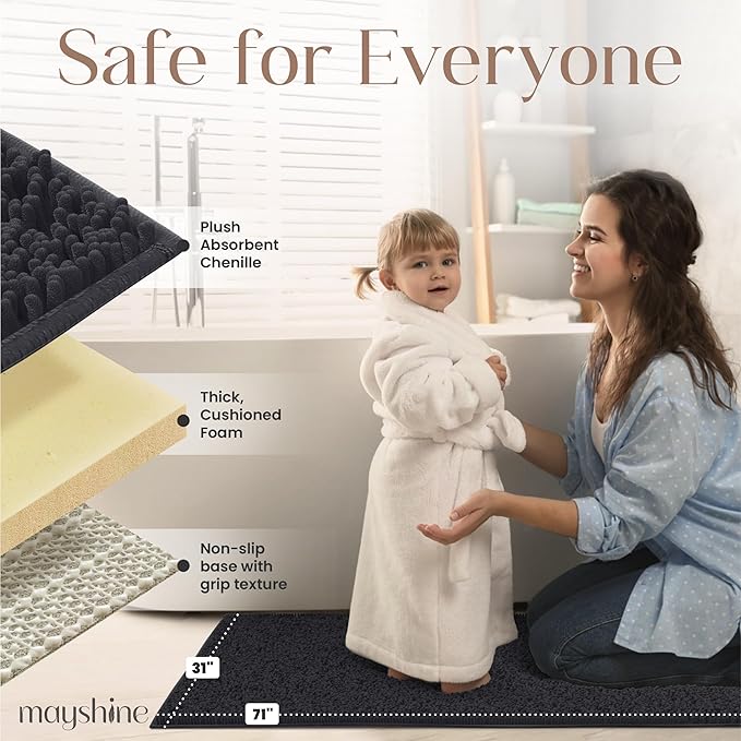 MAYSHINE Plush Shaggy Chenille Bath Mat | Extra Soft, Super Absorbent, Non-Slip Bathroom Rug | Fluffy Microfiber, Area Rug Sets for Bathroom Floor, Kitchen, Living Room | 71"x31" | Black