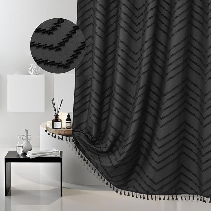 Black Boho Shower Curtain Fabric Dark Shower Curtain for Bathroom Tufted Chevron Striped Modern Shower Curtains, 72 x 72