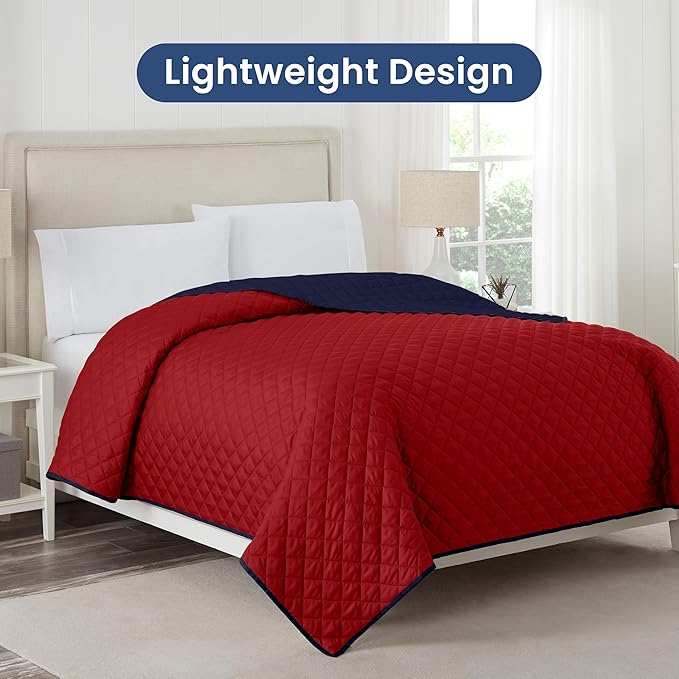 Martex Reversible Coverlet – King Bed Quilt – Lightweight King Size Bedding – Durable King Size Quilts for Bed – Soft - Easy Care Bedding – Red/Navy