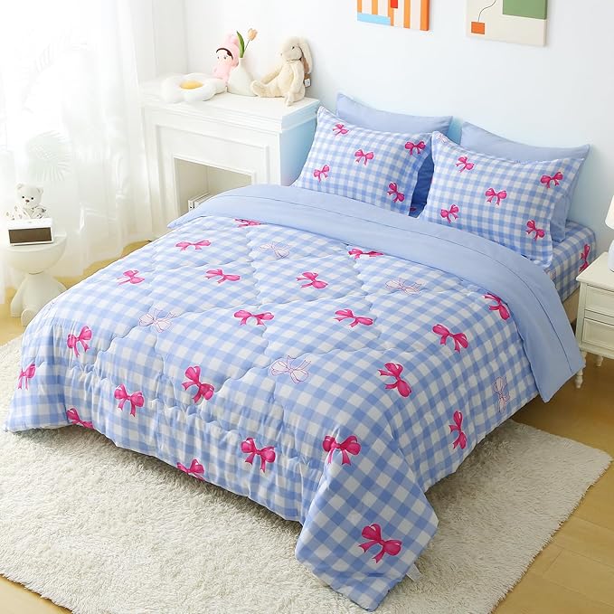 Wajade Bow Comforter Set 7 Piece Blue White Plaid Comforter Sets for Girls Kids Queen Size Checkered Bedding Set with Sheet and 2 Pillowcases 2 Pillow Shams Cute Girls Bed in a Bag as Birthday Choice