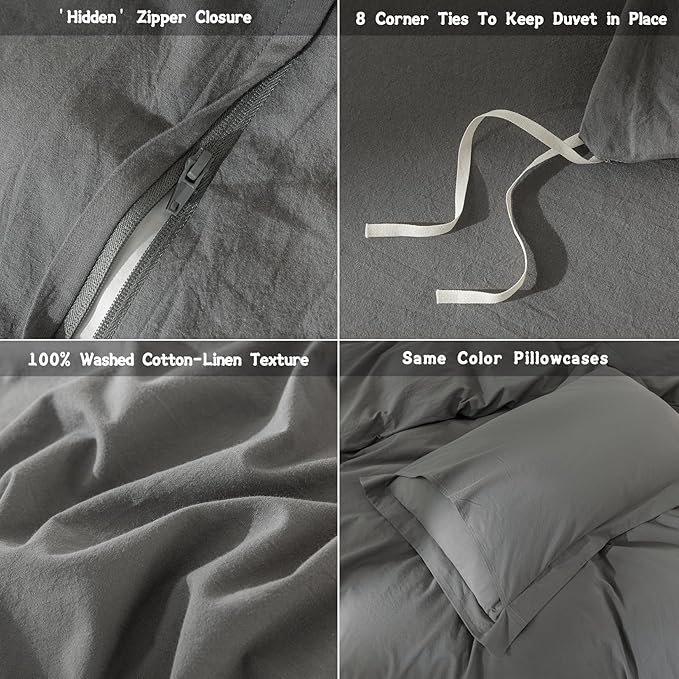 Dark Grey Duvet Cover King Size Bedding Set Cover 100% Washed Cotton Duvet Cover with Zipper Closure and 2 Pillowcases, 104inch x 90inch